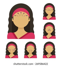Vector flat illustration: face massage instruction demonstrated on young beautiful hindu woman in red clothes