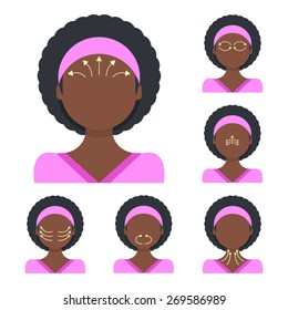 Vector flat illustration: face massage instruction demonstrated on young beautiful afro-american woman