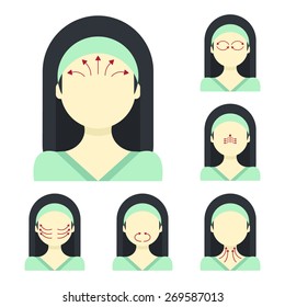 Vector flat illustration: face massage instruction demonstrated on young beautiful asian woman