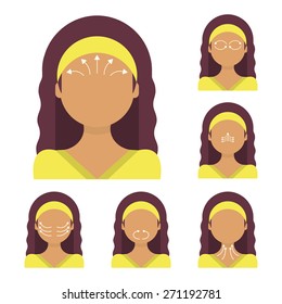 Vector flat illustration: face massage instruction demonstrated on young beautiful Latina woman