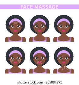 Vector flat illustration: face massage instruction demonstrated on young beautiful afro-american woman