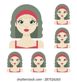 Vector flat illustration: face massage instruction demonstrated on young beautiful european woman in red clothes