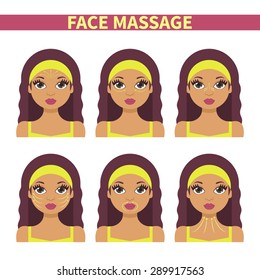 Vector flat illustration: face massage instruction demonstrated on young beautiful Latina woman in pistachio clothes