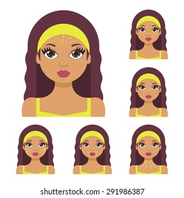 Vector flat illustration: face massage instruction demonstrated on young beautiful Latina woman in pistachio clothes