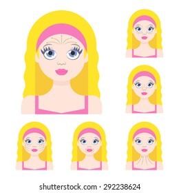 Vector flat illustration: face massage instruction demonstrated on young beautiful european blonde woman in pink clothes