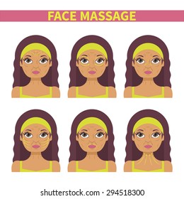 Vector flat illustration: face massage instruction demonstrated on aged beautiful latina woman in pistachio clothes