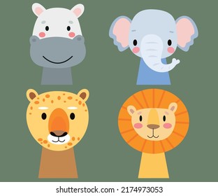Ilustración plana vectorial. Rostros de animales africanos. Aislado. En un fondo verde. Animales graciosos. Ideal para jugar a las cartas y a los libros escolares.