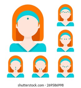 Vector flat illustration: facial acupressure instruction demonstrated on young beautiful european ginger woman in turquoise clothes