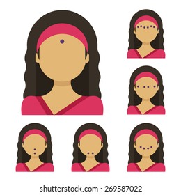 Vector flat illustration: facial acupressure instruction demonstrated on young beautiful red woman in purple clothes