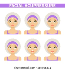 Vector flat illustration: facial acupressure instruction demonstrated on elderly beautiful European grey-haired woman in purple clothes