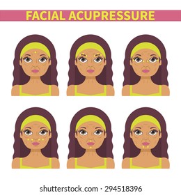 Vector flat illustration: facial acupressure instruction demonstrated on aged beautiful latina woman in pistachio clothes