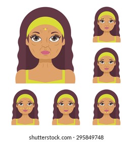 Vector flat illustration: facial acupressure instruction demonstrated on aged beautiful latina woman in pistachio clothes