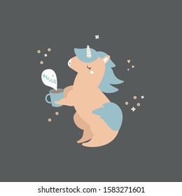 
Vector flat illustration with fairy unicorn. Character is isolated on a white background. Cute cartoon unicorn holds a magic wand. Print for children.
