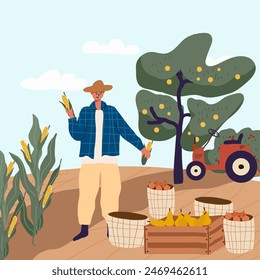 Vector flat illustration of fall harvest, characters of people picking organic fruits and vegetables in an orchard.