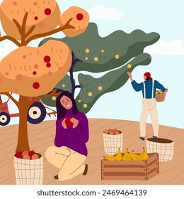 Vector flat illustration of fall harvest, characters of people picking organic fruits and vegetables in an orchard.