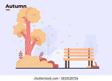 vector flat illustration fall seasons at city park with falling dry leaves with park bench and tree and grass. beautiful autumn concept. can be use for website, UI/UX, promotion, landing page.