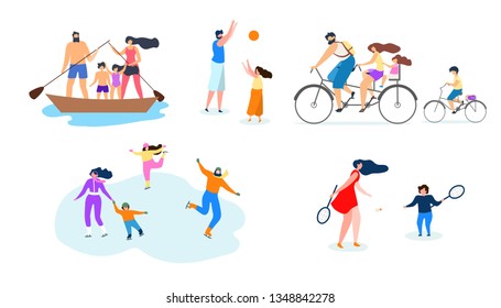 Vector Flat Illustration Family Active Lifestyle. Family on Small Boat Floating River Dad Plays with Daughter Ball. Parents Took Children on Ice Mom and Son Playing Badminton Holding Racket.