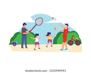 vector flat illustration family having fun playing badminton and ball with kids character 