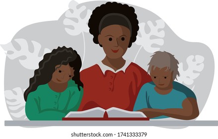 Vector flat illustration family mom and children are reading a book. A black woman and a girl with a boy are sitting at a table and reading a book, doing homework.