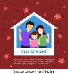 Vector flat illustration family smiling and staying at home together health care concept graphic. Protection campaign from coronavirus. Self quarantine to stop outbreak and protect virus spreading.