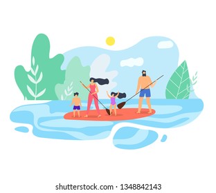 Vector Flat Illustration Family Vacation on Lake. Mom and Dad with Children on Canoe Floating on Water. Blue Sky Green Trees Parents with Oars Weekend Nature Active Recreation Healthy Lifestyle.