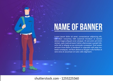 Vector flat illustration, fashion young men in fashionable clothes, character colorful disco background. EPS 10