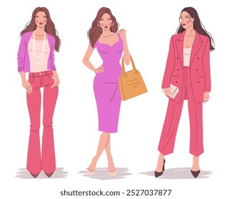 Ilustração plana vetor de mulheres na moda em roupas coloridas. Modelos de moda, isolados em um fundo branco.