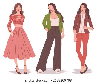 Vector flat illustration of fashionable women in colorful outfits. Fashion models, isolated on a white background.	