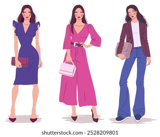 Vector flat illustration of fashionable women in colorful outfits. Fashion models, isolated on a white background.	