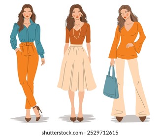 Ilustración plana de Vector de mujeres de moda en trajes coloridos. Modelos de moda, aislados en un fondo blanco.	