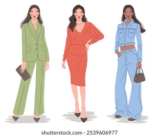 Vector flat illustration of fashionable women in colorful outfits. Fashion models, isolated on a white background.	