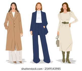 Vector flat illustration of fashionable women in colorful outfits. Fashion models, isolated on a white background