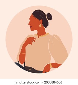 Vector flat illustration of a fashionable young swarthy woman in profile. Stylish modern business woman.