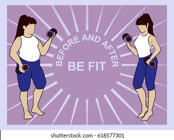 Vector flat illustration fat curvy and slim fit girl before and after weight loss. Healthy lifestyle, fitness, diet and beauty character. Isolated silhouette plus size body positive and sportive woman