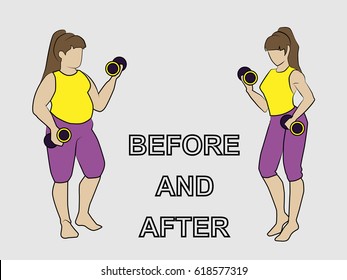 Vector flat illustration fat curvy and slim fit girl before and after weight loss. Healthy lifestyle, fitness, diet and beauty character. Isolated silhouette plus size body positive and sportive woman