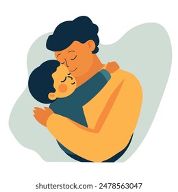 vector flat illustration of a father holding his son in his arms. happy fathers day