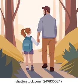 Vector flat illustration father and little daughter walking to school in the park. Back to school. Family and parental support in education.