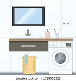 Vector Flat Illustration - Faucet, Sink, Mirror and Washing Machine in Bathroom