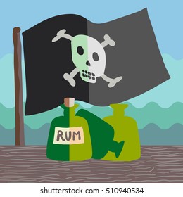 A vector flat illustration featuring a pirate Jolly Roger flag and several bottles of rum, one full, two empty. Pirate ship in the sea. Party concept.