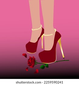 Vektorflache Illustration weibschöne Beine in stilschönen, schönen High-Ferel-Schuhe Trample realistische Rose