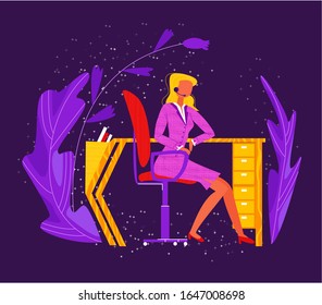 Ilustración plana vectorial con una trabajadora del centro de llamadas en la mesa sobre fondo abstracto floral. Concepto de servicio, oficina y soporte técnico, primera línea, interacción telefónica con los clientes.