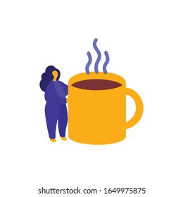 Ilustración plana vectorial con personaje femenino cerca de una gran taza de café. A las mujeres les gusta beber mucho café.