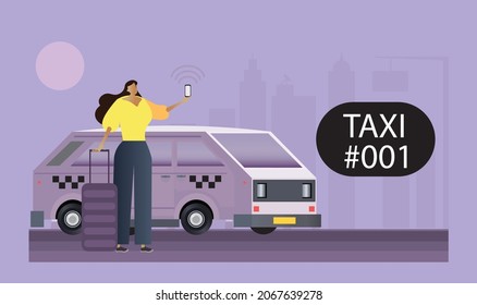 Ilustración vectorial plana de un personaje femenino sosteniendo un teléfono móvil y parado al lado de la camioneta del equipo de taxis. Aplicación de taxi. Concepto de uso compartido de coches de carga. Copiar espacio