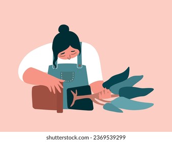 Vector flat illustration with female character holding pot with exotic Alocasia and checking roots. Poster with woman working by professional plant coach. She grows and cares about garden at home