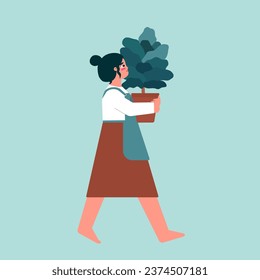 Vector flat illustration with female character holding pot with exotic plant fiddle leaf fig. Greeting card with happy woman looking at Ficus lyrata. Hobby to grow, care about home flowers