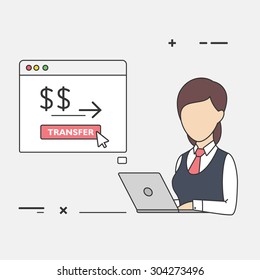 Vector Flat Illustration of Female Finance Clerk with Laptop.