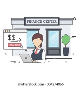 Vector Flat Illustration of Female Finance Clerk in Front of Finance Center Building Uses her Laptop to Make Money Transaction.