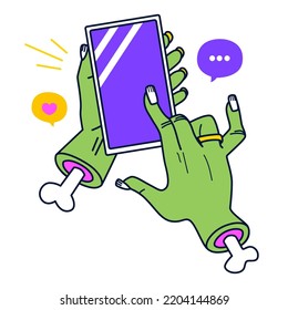 Vector flat illustration of female green zombie hands hold smart phone mobile device, blank screen mockup. Halloween clip art isolated on white background