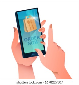 Vector flat illustration with female hands picking goods using contactless delivery app in her smartphone. Stock online shopping concept for services and logistic companies isolated on white.