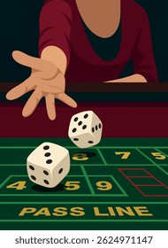 Vector flat illustration of female silhouette, woman hand throwing dice, playing dice on green casino background. Casino scene symbolizes excitement, risk. Use for casino and poker projects